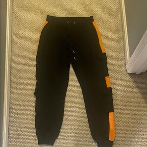 Boohoo Black Cargo Joggers with Orange Side Panels